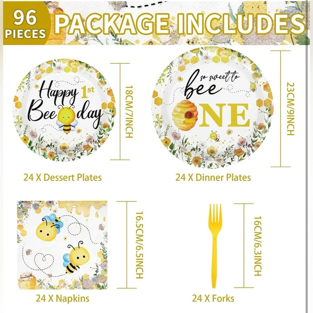 96Pcs Bee 1st Birthday, Plates & Napkins Tableware Sets, Party Decorations - NWT